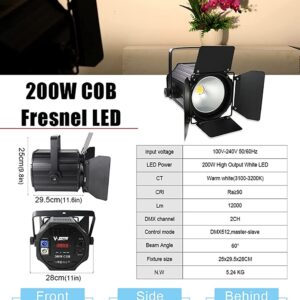 Fresnel 200W Stage COB Par Light – Studio Lights Warm White DMX with Dimmable for Camera Photo Church Theater
